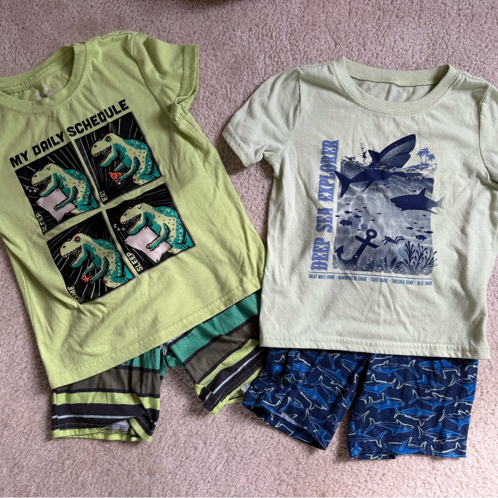 Kids' Light Green Dino & Shark Pajama Set - 2-Pack